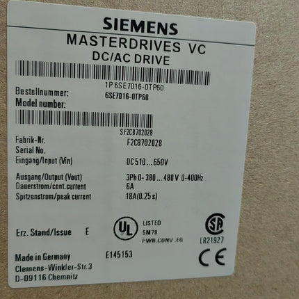 6SE7016-0TP60 Siemens Frequency Converter