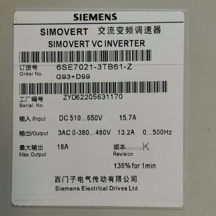 6SE7021-3TB61-Z G93+D99 Siemens Inverter