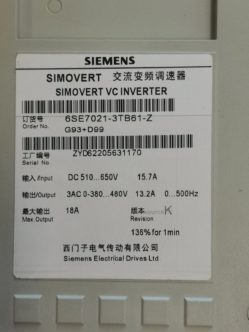 6SE7021-3TB61-Z G93+D99 Siemens Inverter