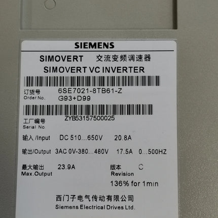 6SE7021-8TB61 Siemens Frequency Converter